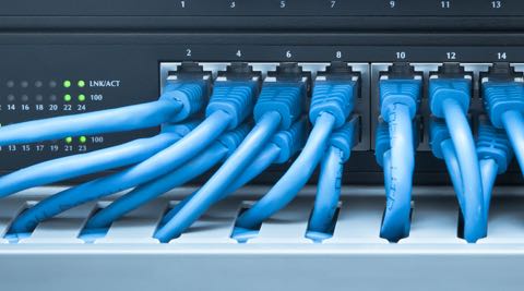 Multiple ethernet cables connecting to secure private Internet network.